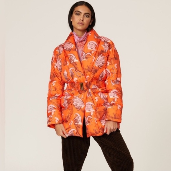 Rachel Antonoff Jackets & Blazers - Rachel Antonoff Midi-Length Toni Puffer Jacket Orange Roaster Print